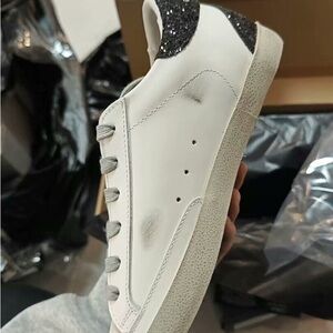 Golden Goose White Sneakers with Gold Star and Black Glitter Heel